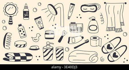 Accessories for bathing, hygiene and skincare in doodle sketch style. Hand-drawn bathroom set. Simple black line drawings of products, packaging Stock Vector