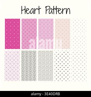 Heart Pattern Bundle, Cute Love Seamless Backgrounds, Valentine Doodle Heart Digital Paper Pack, Romantic Pink Aesthetic Patterns Stock Vector