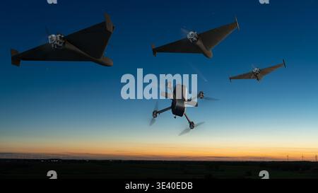An interceptor drone during the interception of combat drones Stock ...