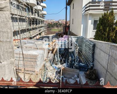 Urban Apartment Construction Site Scaffolding Materials Storage Stock Photo