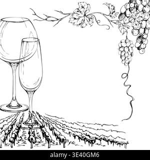 Vineyard frame with stylized rows of grapevines, balloon and flute wine glasses, grape bunches on twisting leafy vines. Isolated hand drawn ink vector Stock Vector