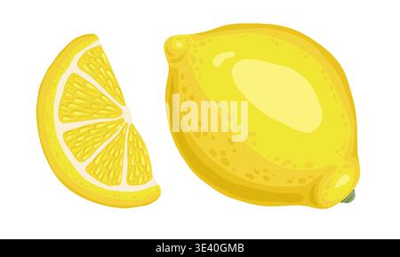 Yellow lemon set of whole fruit and slice vector illustration. Italian food doodle drawing for mediterranean menu and restaurant template. Isolated citrus drawing for cooking and product design. Stock Vector