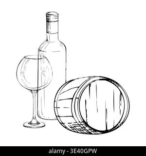 Wine composition with bottle, wooden barrel and balloon glass still life. Isolated ink vector illustration hand drawn for winery branding, wine labels Stock Vector