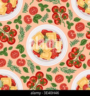 Ravioli pasta with tomatoes vector seamless pattern. Hand drawn agnolotti meal on pink background. Traditional italian food for restaurant menu design. Culinary kitchen ornament for paper and textile. Stock Vector