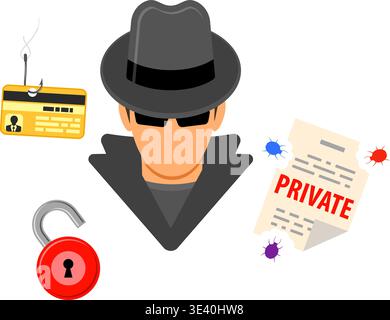 Cyber Crime Concept with Flat Icons for Flyer, Poster, Web Site on Theme Phishing. Stock Vector