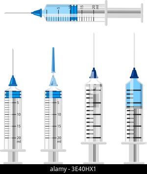 Set icons plastic medical syringes. syringe with vaccine and empty. with needle, plunger, scale and cover in flat style. concept of vaccination, injec Stock Vector