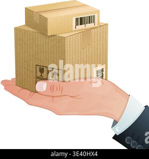Delivery Service Concept - Hand with Cardboard Boxes in Realistic 3D style. Vector Template can be used for Cover, Brochure, Poster and Printing Adver Stock Vector