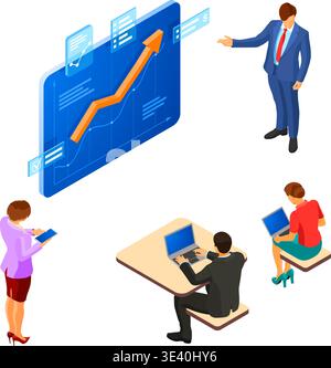 Business consultant advises team. Concept investing, data analysis, planning, account. virtual screen with growth graph business analytics. Teamwork w Stock Vector