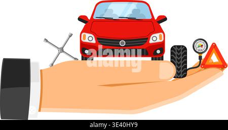 Car Insurance Concept for Poster, Web Site, Advertising like Umbrella, Policy, Key, Jerrycan and Manometer. Stock Vector