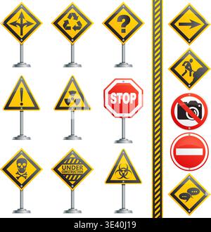 Collection Road Signs on a Pole, isolated on white background, vector illustration Stock Vector