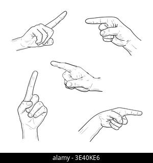 Hands pointing left and right, index finger up, hand-drawn sketches. Vector illustration. Simple line drawings of palms, isolated on a white backgroun Stock Vector