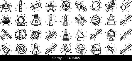 Space Satellite Line Icons Set Vector, Astronomy Rocket Planet Exploration Outline Symbols Collection Stock Vector