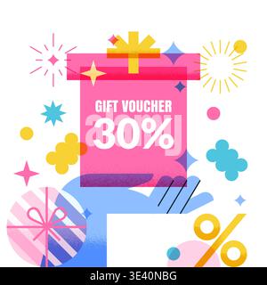 Colorful shopping bags, gift boxes and fireworks on white background. Vector geometric flat illustration. Sale promotion banner, poster, birthday gree Stock Vector