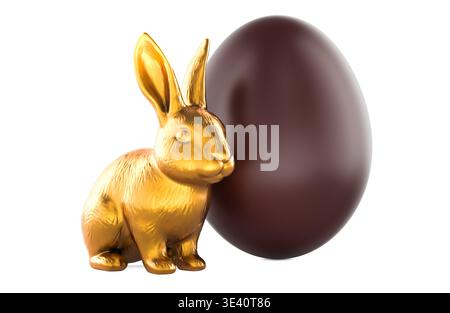 Easter bunny figurine with chocolate egg. 3D rendering isolated on white background Stock Photo
