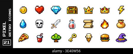Pixel retro game icons set showing arcade items interface elements and videogame symbols in 8bit style Stock Vector