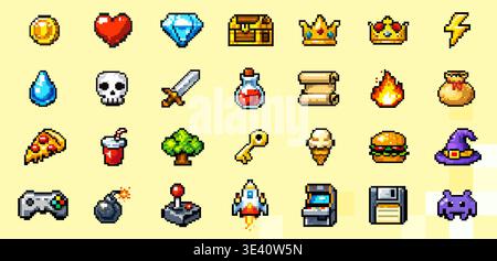 Pixel game icons set featuring arcade items interface elements and retro videogame symbols in 8bit style Stock Vector