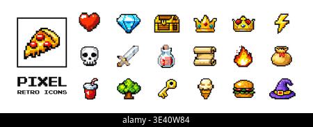 Pixel retro game icons set featuring arcade items and a highlighted pizza element in 8bit videogame style Stock Vector