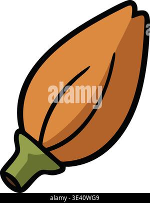 Flat illustration of a brown almond seed with a pointed tip and small green cap at the base. Stock Vector