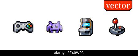 Pixel arcade game icons featuring controller alien machine and joystick in retro videogame style Stock Vector