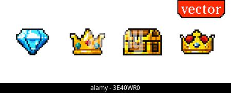 Pixel game treasure icons featuring diamond crown chest and golden rewards in retro arcade videogame style Stock Vector