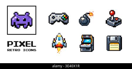 Pixel retro game icons set featuring arcade elements alien character and classic videogame devices in 8bit style Stock Vector
