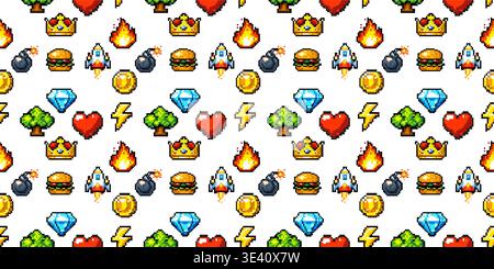 Pixel game icons seamless pattern showing retro arcade elements in repeating 8bit videogame background Stock Vector