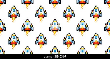 Pixel rocket seamless pattern forming a retro space game background with repeating 8bit spaceship icons Stock Vector