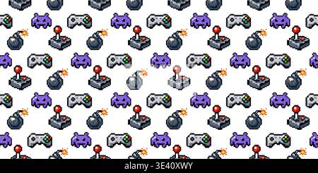 Pixel arcade game icons seamless pattern featuring controller joystick bomb and alien elements in retro 8bit style Stock Vector