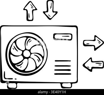 Heat pump reuse icon for green energy. Hand drawn doodle illustration of external climate unit with directional arrows Stock Vector