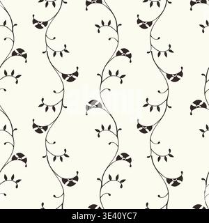 Seamless Abstract Doodle Pattern Featuring Imaginary Stylized Flowers and Whimsical Curved Stems in Minimalist Hand-Drawn Monochrome Style. Vector ill Stock Vector
