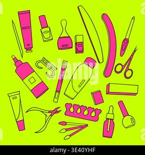 Neon Beauty Tools Set Flat Illustration with Manicure and Cosmetic Accessories Stock Vector