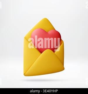 3D Red heart inside an open yellow envelope Stock Vector