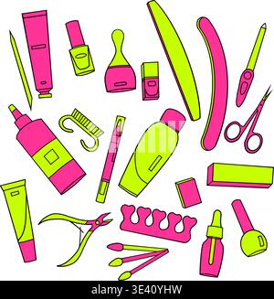 Neon Beauty Tools Set Flat Illustration with Manicure and Cosmetic Accessories Stock Vector