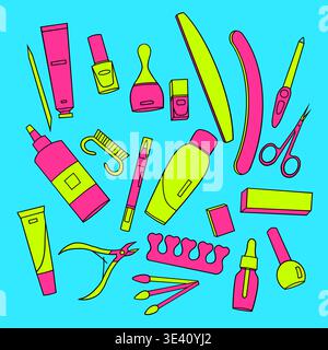 Neon Beauty Tools Set Flat Illustration with Manicure and Cosmetic Accessories Stock Vector