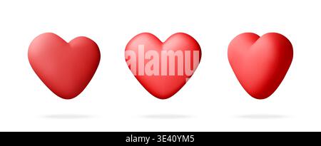Set of 3d red hearts in different angles. Stock Vector