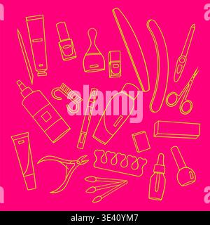 Beauty and Manicure Tools Outline Set Minimal Line Art Illustration Stock Vector