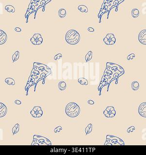 Seamless Pizza Doodle Pattern. Hand Drawn Vector Food Background Stock Vector