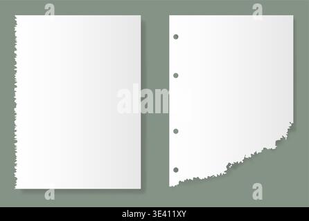 White Torn Paper Sheets Set. Realistic Ripped Notebook Paper Edges with Holes. Vector Blank Note Paper Pages Stock Vector
