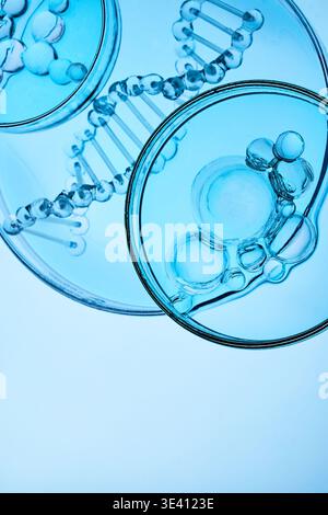 Abstract cosmetic lab. Dna helix and petri dish in science laboratory Stock Photo