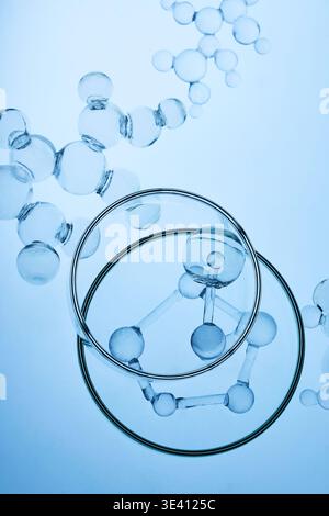 Abstract cosmetic lab. Glass molecules and petri dish in science laboratory Stock Photo