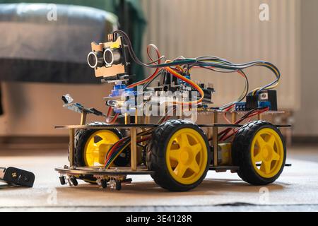 DIY Arduino Robot Car components. Educational electronics project for STEM learning and robotics. Kyiv, Ukraine - March 18, 2026 Stock Photo
