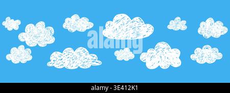 Crayon cloud hand drawn naive kids border, baby, school background design seamless pattern. Childlike scribble divider blue background white clouds drawn with chalk weather elements, kid drawings. . Vector illustration Stock Vector