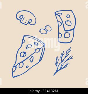 Hand Drawn Cheese Doodle Set. Vector Line Art Food Illustration Stock Vector