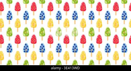 Seamless pattern with fruit ice pops in cartoon style. Repeating summer dessert background for wallpaper, wrapping paper, packaging and menu design. Stock Vector