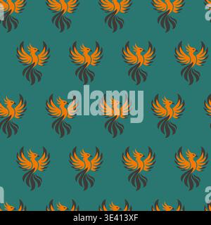 Phoenix seamless pattern with mythical fire bird on teal background vector illustration. Stock Vector
