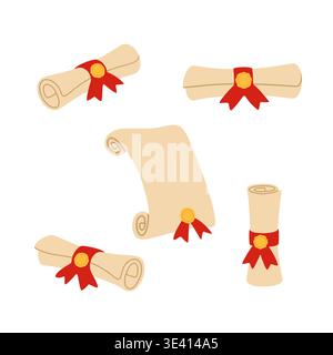 Diploma Scroll Collection Flat Style Illustration Stock Vector