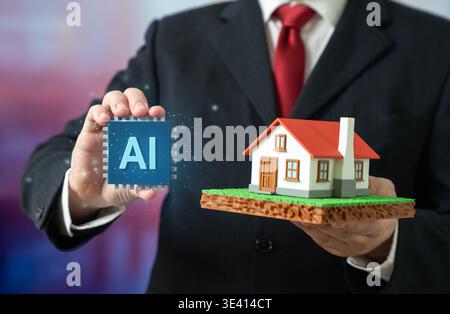 A man demonstrates an AI system for home integration. A new level of smart home. Technology improves comfort and control. Automation enhances efficien Stock Photo