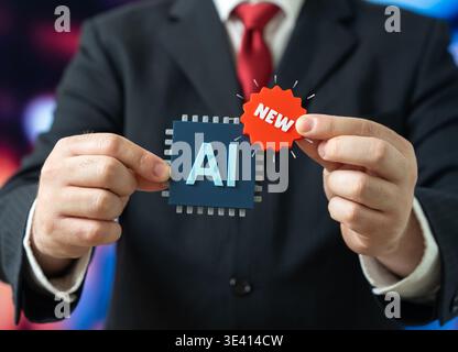 A businessman presents a new AI tool. An improved version of artificial intelligence for business. An innovative AI model. Digital solutions increase Stock Photo