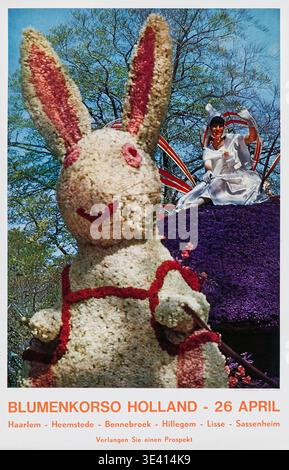 This vibrant 1960s vintage travel poster advertises the "Blumenkorso Holland" (Flower Parade Holland) on April 26th, featuring a giant floral bunny and a woman waving from a parade float. The poster, promoting various Dutch towns like Haarlem and Lisse, captures the festive spirit of spring in Holland. Stock Photo