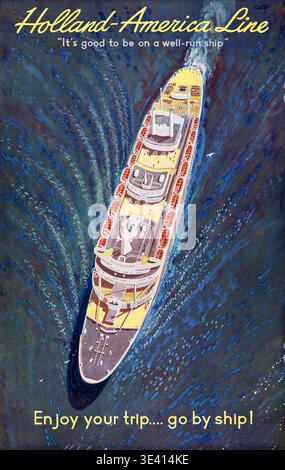 This vibrant Dutch travel poster from circa 1960, created for the Holland-America Line, features an aerial view of a large cruising ship cutting through the waves. The illustration, possibly by the artist "Olele" (as signed in the top right), promotes the joys of sea travel with the slogans "It's good to be on a well-run ship" and "Enjoy your trip.... go by ship!". Stock Photo
